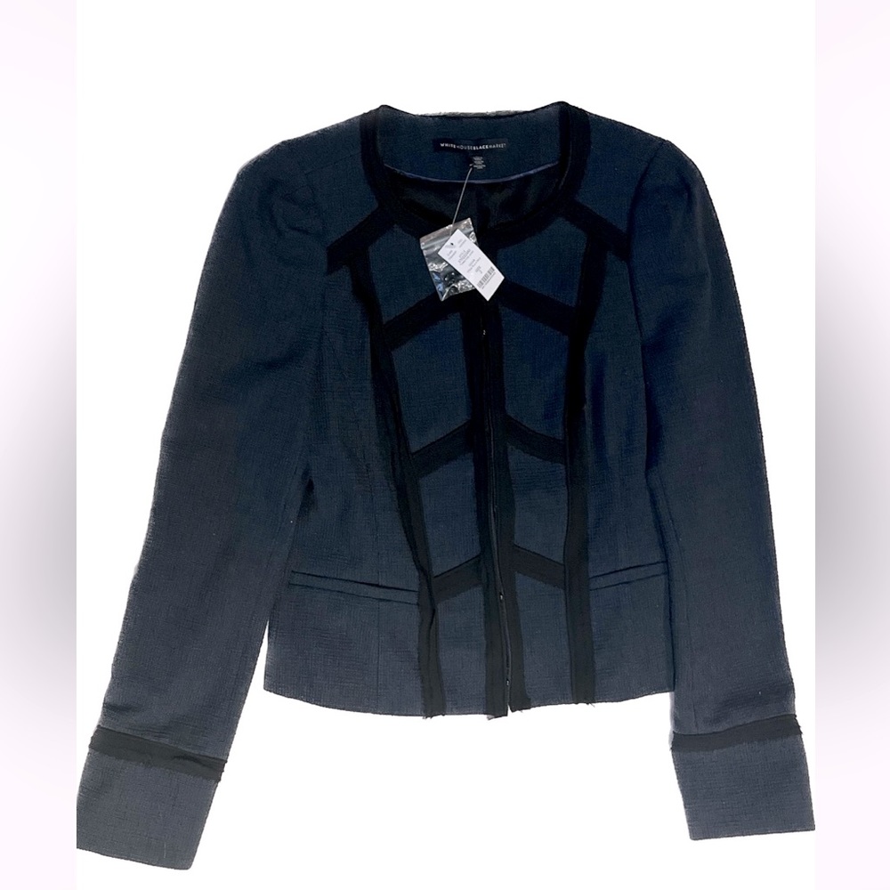 White House Black Market WHBM Navy Blue Tweed Crop Jacket Size 2